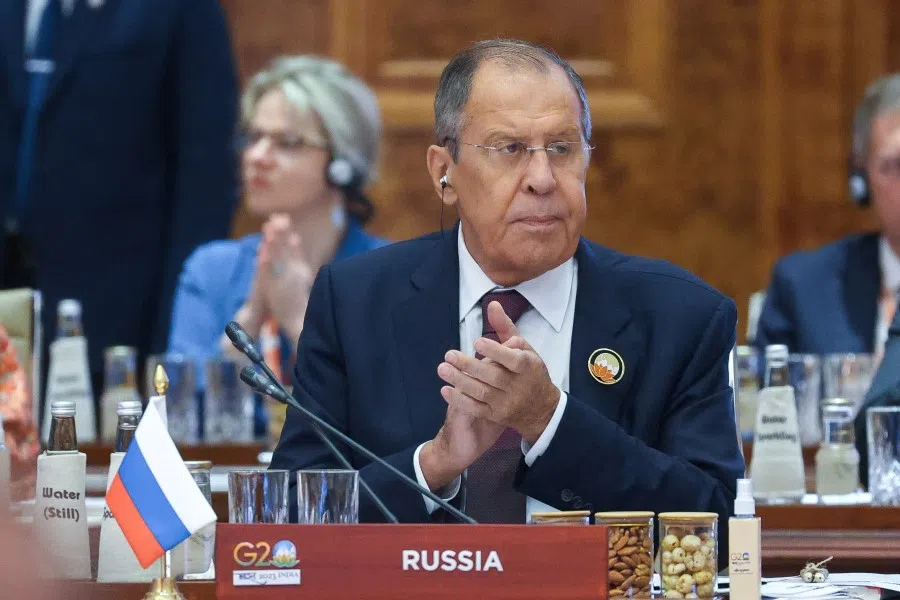 Russian Foreign Minister Sergey Lavrov attends a session of the G20 Summit in New Delhi, India, on 9 September 2023. (Russian Foreign Ministry/Handout via Reuters)