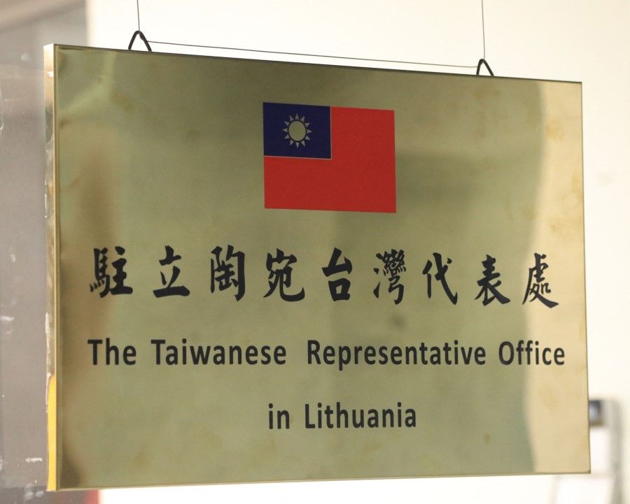 This file photo taken on 18 November 2021 shows the name plaque at the Taiwanese Representative Office in Lithuania, Vilnius. (Petras Malukas/AFP)