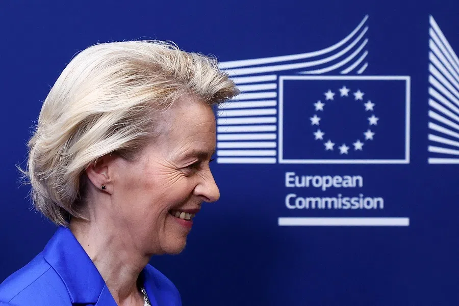 European Commission President Ursula von der Leyen receives Ukrainian Prime Minister Denys Shmyhal (not pictured), in Brussels, Belgium, on 10 April 2025. (Yves Herman/Reuters)