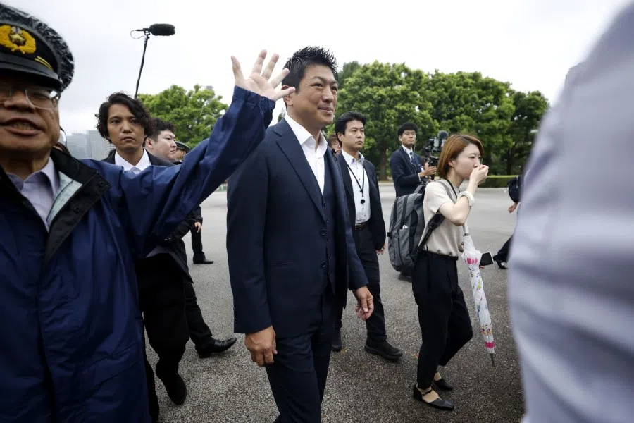Sohei Kamiya, leader of the Sanseito party, centre, arrives at the National Diet building in Tokyo, Japan, on 1 August 2025. Sanseito, a right-wing populist force pushing a “Japanese-First” agenda, made a surprise leap ahead in the upper house election last month.