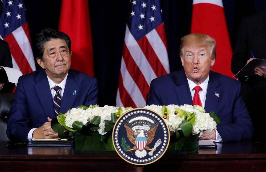 US President Donald Trump speaking to reporters as he holds a bilateral meeting with Japan's Prime Minister Shinzo Abe on the sidelines of the 74th session of the United Nations General Assembly (UNGA) in New York City, September 25, 2019. (REUTERS/Jonathan Ernst)