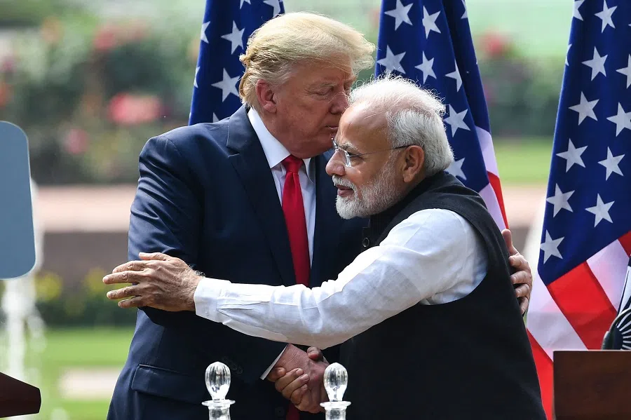 US President Donald Trump (left) shakes hands with Indian Prime Minister Narendra Modi during a joint press conference at Hyderabad House in New Delhi, India, on 25 February 2020. (Prakash Singh/AFP)