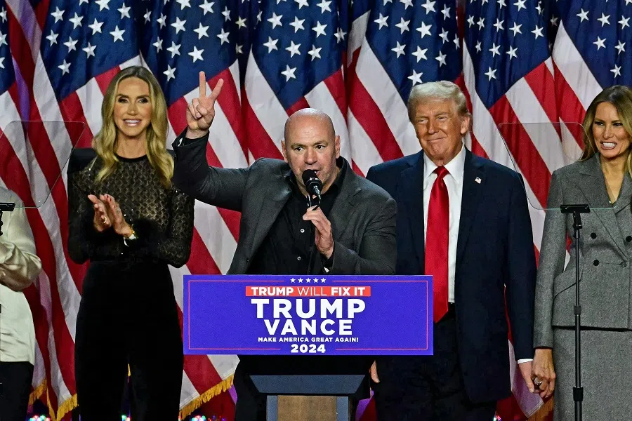 CEO of Ultimate Fighting Championship Dana White (centre) speaks alongside former US President and Republican presidential candidate Donald Trump during an election night event at the West Palm Beach Convention Center in West Palm Beach, Florida, US, on 6 November 2024. (Jim Watson/AFP)
