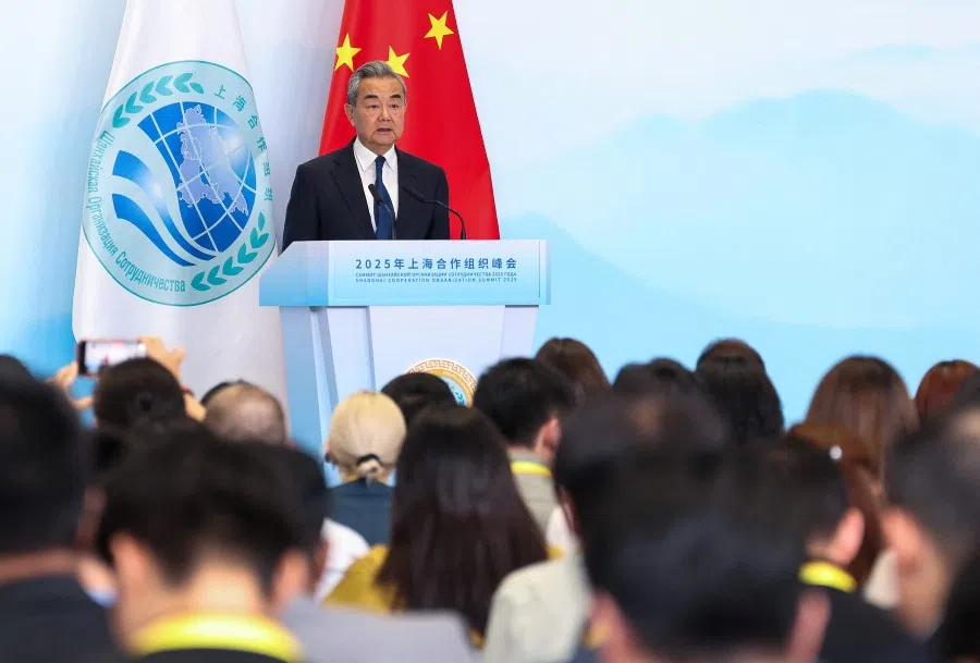 Chinese Foreign Minister Wang Yi speaks during a press conference at the 2025 Shanghai Cooperation Organisation (SCO) summit in Tianjin, China , on 1 September 2025. (Maxim Shemetov/Reuters)