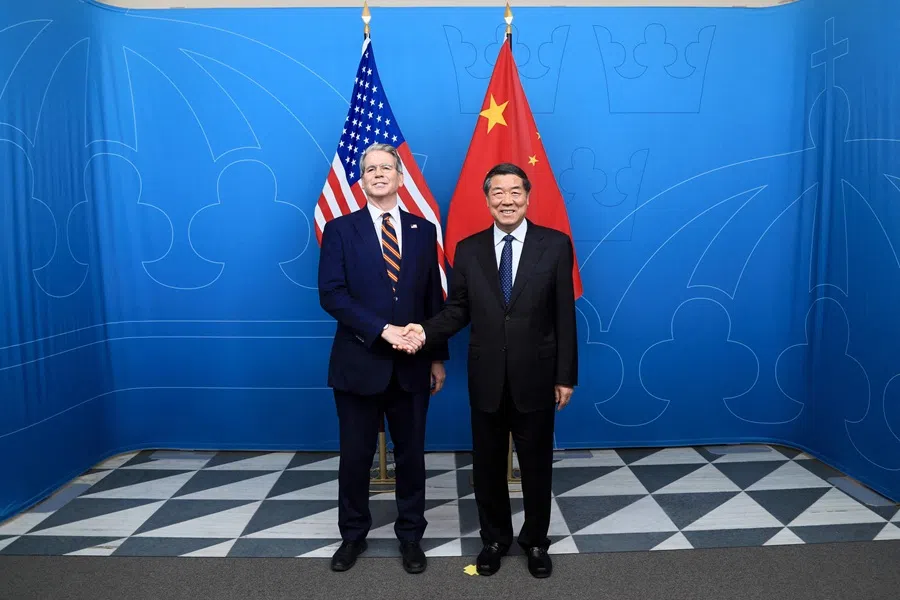 This handout photo from the US Treasury shows US Treasury Secretary Scott Bessent and Chinese Vice-Premier He Lifeng stand for a photo during meetings in Stockholm, Sweden, on 28 July 2025.