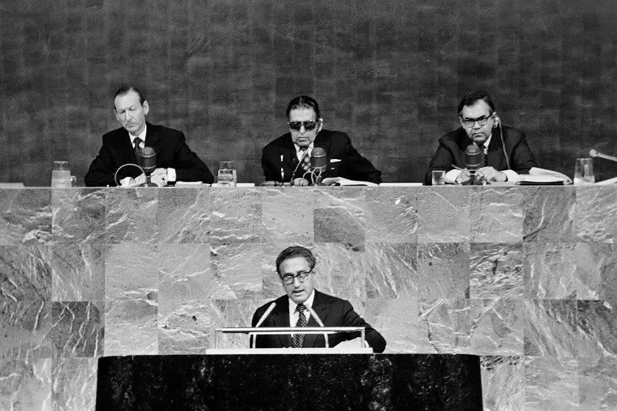US Secretary of State Henry Kissinger address members of the United Nations Security Council at the UN headquarters, on 24 September 1973 in New York. (AFP)