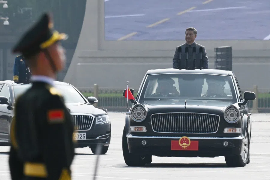 China’s President Xi Jinping inspects the troops during a military parade marking the 80th anniversary of victory over Japan and the end of World War II, in Beijing’s Tiananmen Square on 3 September 2025. (Greg Baker/AFP)