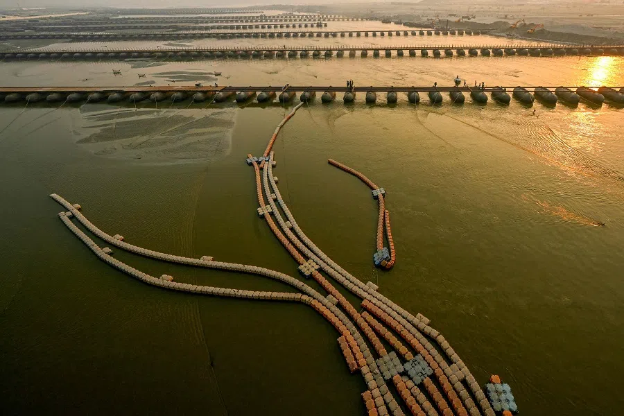 A general view of floating pontoon bridges on the banks of river Ganges, ahead of the Maha Kumbh Mela festival in Prayagraj on 17 December 2024. (Money Sharma/AFP)