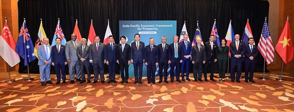Ministers from 14 IPEF countries at the signing ceremony of the clean economy and fair economy agreement on 6 June 2024 in Singapore. (Ministry of Trade and Industry)
