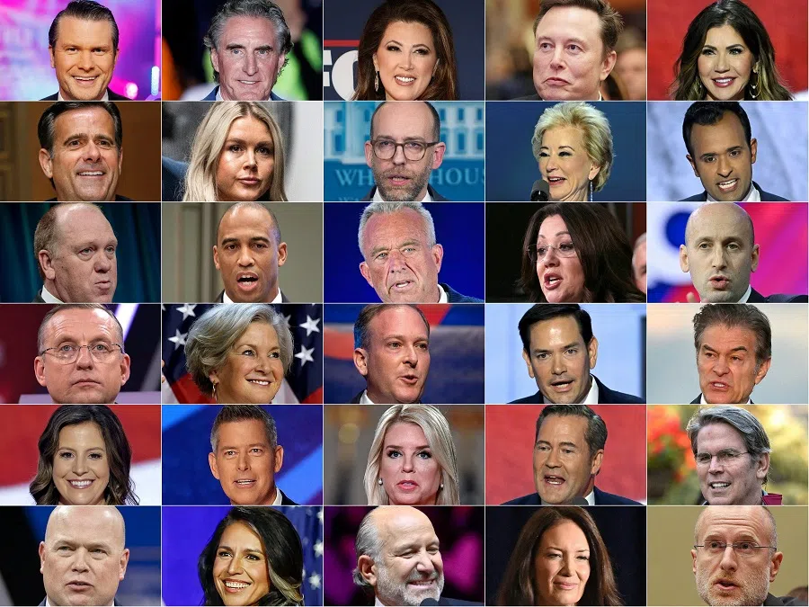 This combination of pictures created on 23 November 2024 shows US President-elect Donald Trump’s possible cabinet picks, including Elon Musk (top row, fourth from left), US Representative John Ratcliffe (second row, first from left), Vivek Ramaswamy (second row, fifth from left), US Senator Marco Rubio (fourth row, fourth from left), US Representative Michael Waltz (fifth row, fourth from left),  former US Representative Tulsi Gabbard (sixth row, second from left). (AFP)
