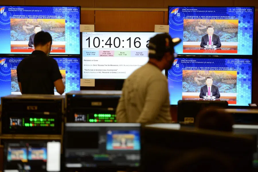 This handout photo from Malaysia's Department of Information taken and released from official command center on 19 November 2020 shows Chinese President Xi Jinping delivering a speech via virtual meeting during the APEC CEO Dialogues 2020, ahead of the Asia-Pacific Economic Cooperation (APEC) leaders' summit in Kuala Lumpur. (Nazri Rapaai/Malaysia Department of Information/AFP)