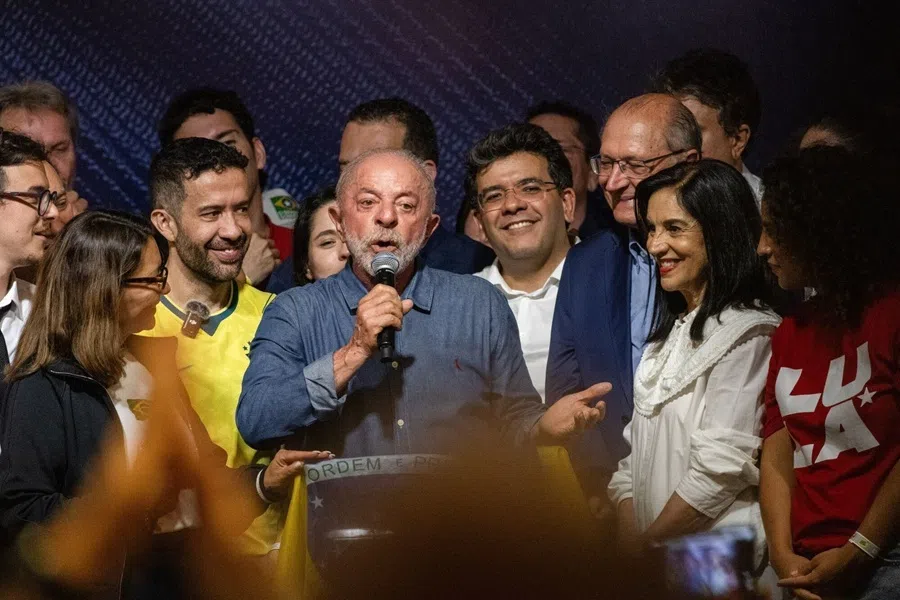 Brazil’s President Luiz Inacio Lula da Silva (centre) speaks during a press conference following the runoff election in Sao Paulo, Brazil, on 25 October 2026.