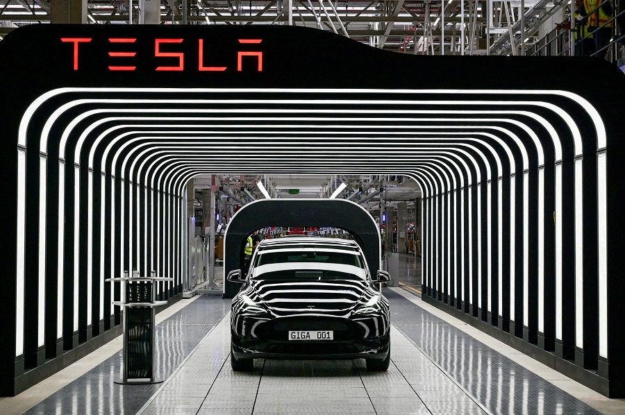 Model Y cars are pictured during the opening ceremony of the new Tesla Gigafactory for electric cars in Gruenheide, Germany, 22 March 2022. (Patrick Pleul/Pool via Reuters/File Photo)