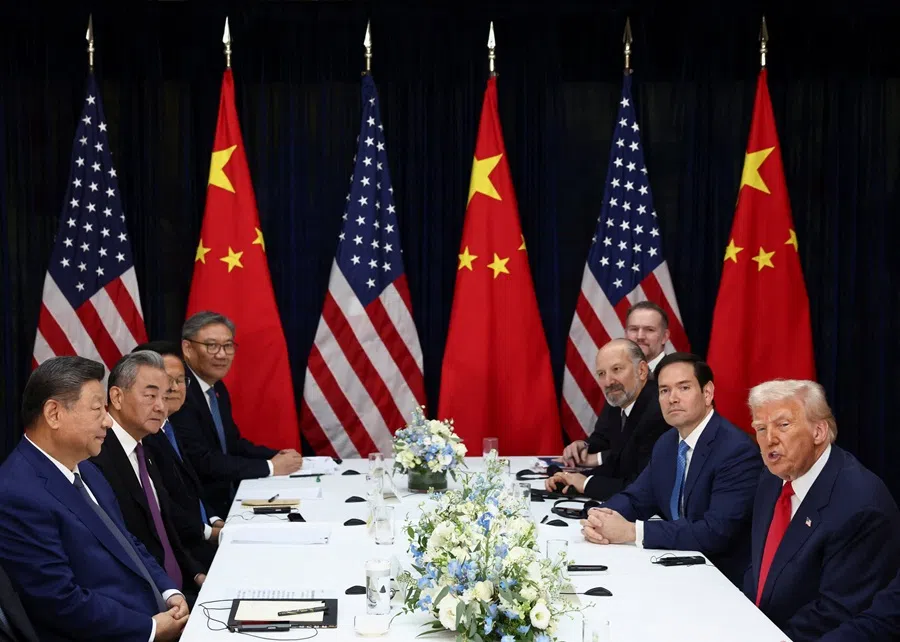 US President Donald Trump, accompanied by US Secretary of State Marco Rubio, and US Secretary of Commerce Howard Lutnick, attends a bilateral meeting with Chinese President Xi Jinping, accompanied by Chinese Foreign Minister Wang Yi, at Gimhae International Airport, on the sidelines of the Asia-Pacific Economic Cooperation (APEC) summit, in Busan, South Korea, 30 October 2025. (Evelyn Hockstein/Reuters)
