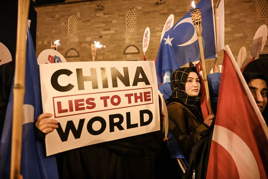 Supporters of China's Muslim Uighur minority wave flag of East Turkestan and hold placards on December 20, 2019 during a demostration at Fatih in Istanbul. (Ozan Kose/AFP)