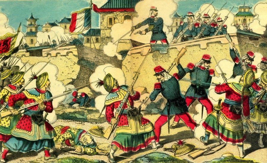 A colour image of the Siege of Tuyên Quang in a French illustrated publication, 1885. On 12 October 1885, some 12,000 people from the Black Flag Army and other groups surrounded Tuyên Quang in northern Vietnam, where they fought with 4,000 French defending troops.