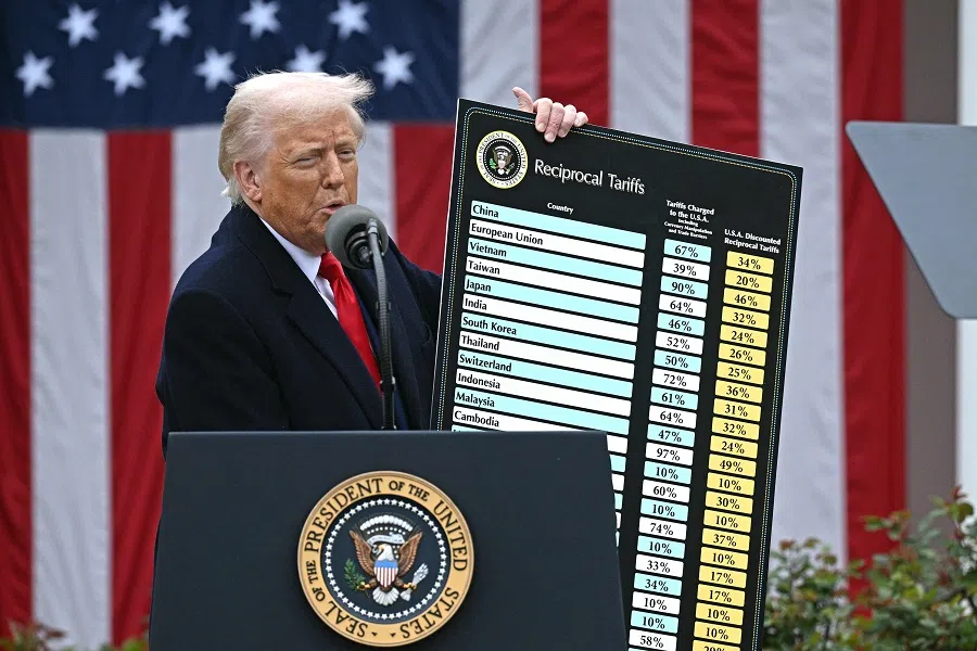 US President Donald Trump delivers remarks on reciprocal tariffs during an event in the Rose Garden entitled “Make America Wealthy Again” at the White House in Washington, DC, US, on 2 April 2025. (Brendan Smialowski/AFP)