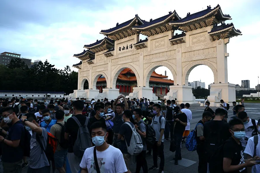 Soldiers wait for buses to return back to their base, at Liberty Square in Taipei, Taiwan on 16 May 2021. (Ann Wang/Reuters)