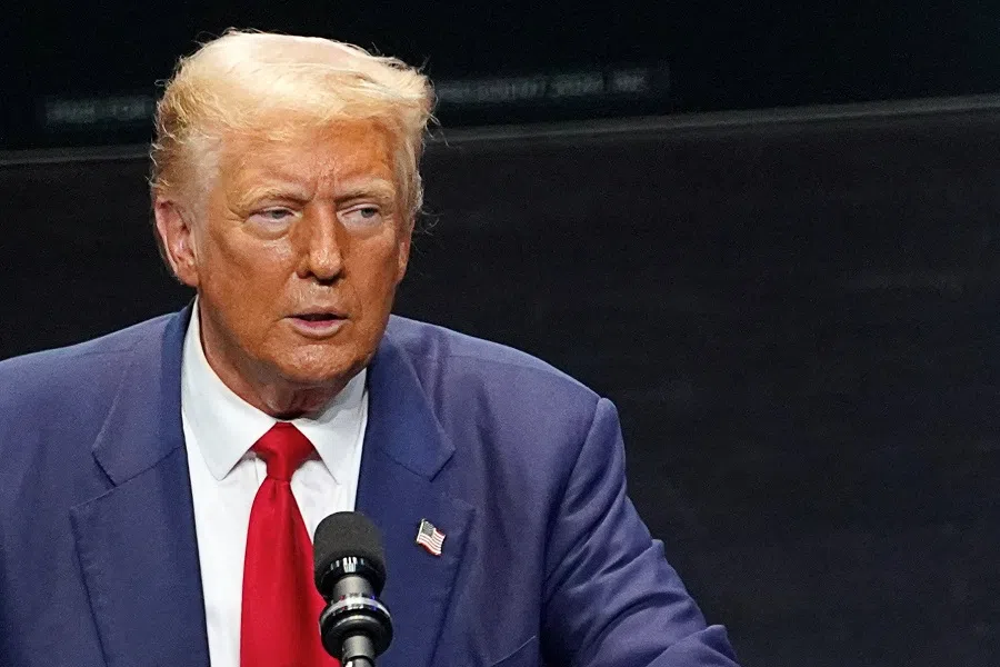 Republican presidential nominee and former US President Donald Trump makes a campaign speech at the Johnny Mercer Theatre Civic Center in Savannah, Georgia, US, on 24 September 2024. (Megan Varner/Reuters)
