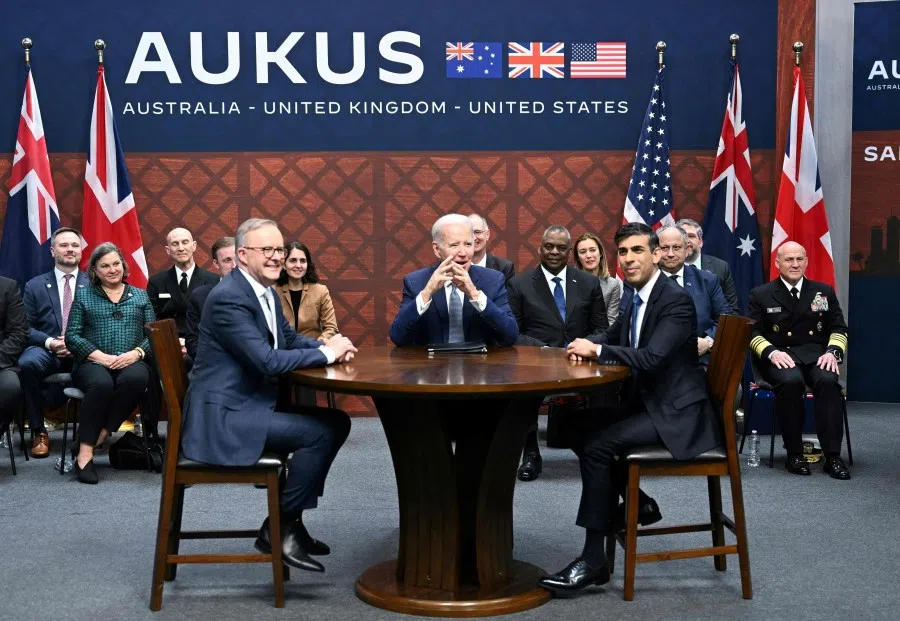 US President Joe Biden (centre) participates in a trilateral meeting with British Prime Minister Rishi Sunak (right) and Australia's Prime Minister Anthony Albanese (left) during the AUKUS summit on 13 March 2023, at Naval Base Point Loma in San Diego California. (Jim Watson/AFP)