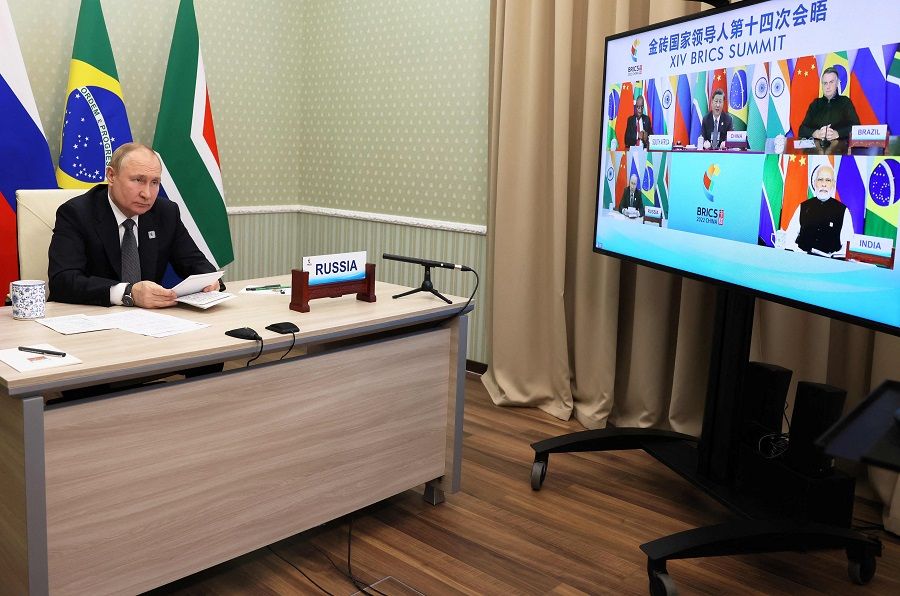Russian President Vladimir Putin takes part in the XIV BRICS summit in virtual format via a video call, in Moscow, Russia, on 23 June 2022. (Mikhail Metzel/Sputnik/AFP)