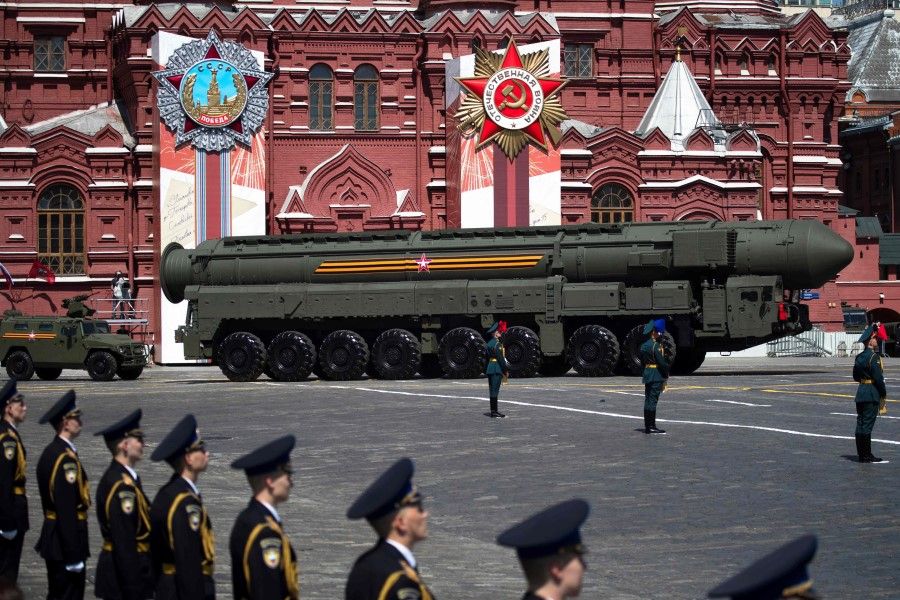 In this file photo Russian army RS-24 Yars ballistic missile system moves through Red Square during a military parade, which marks the 75th anniversary of the Soviet victory over Nazi Germany in World War Two, in Moscow on 24 June 2020. (Pavel Golovkin/AFP)