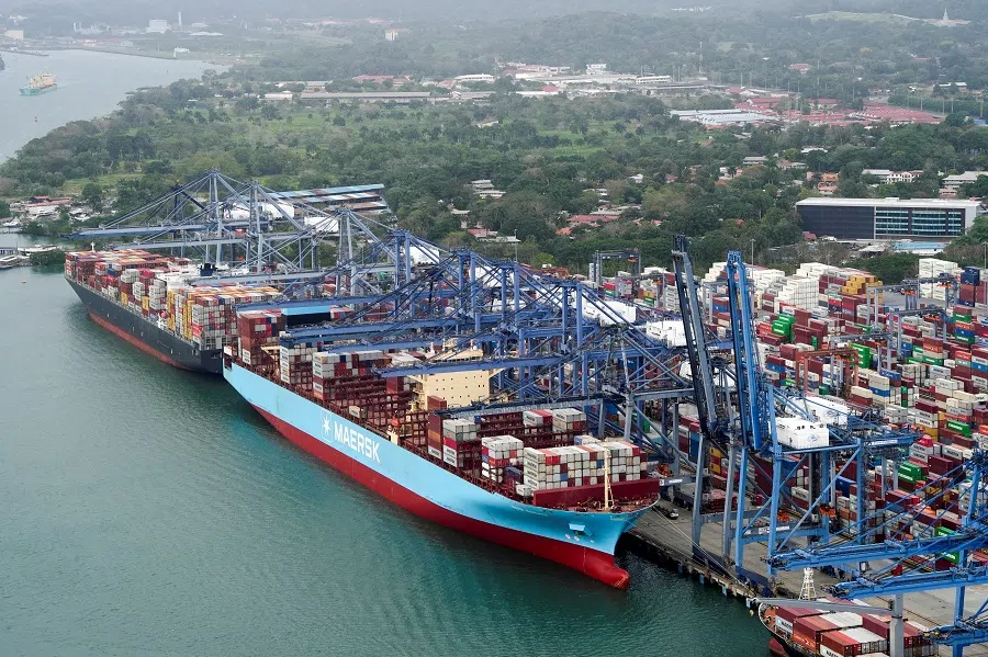 An aerial view shows cargo vessels docked at Balboa Port, operated by Panama Ports Company, at the Panama Canal, in Panama City, Panama, on 1 February 2025. (Enea Lebrun/Reuters)