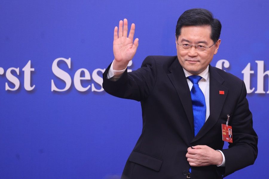Chinese Foreign Minister Qin Gang waves after a press conference at the Media Center of the National People's Congress (NPC) in Beijing, China, on 7 March 2023. (CNS)