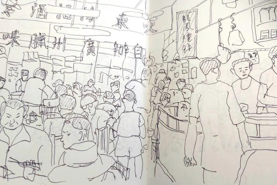 A sketch of the photo of Tai Tong Hoi Kee Restaurant by the writer. (Image: Lim Jen Erh)