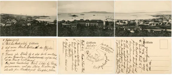 Close-up of three of the ten rare postcards forming a scene of Qingdao.