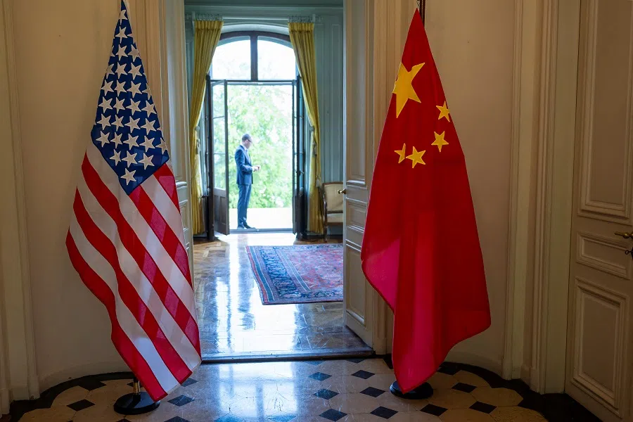 The US and Chinese flags are seen on the day of a bilateral meeting between the US and China, in Geneva, Switzerland, on 10 May 2025.