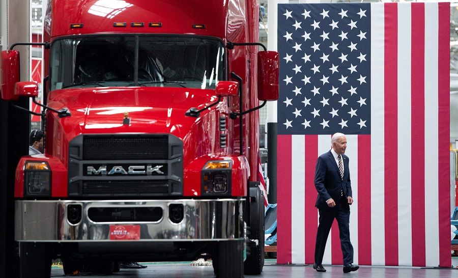 US President Joe Biden arrives to speak about American manufacturing and the American workforce after touring the Mack Trucks Lehigh Valley Operations Manufacturing Facility in Macungie, Pennsylvania, US, on 28 July 2021. (Saul Loeb/AFP)