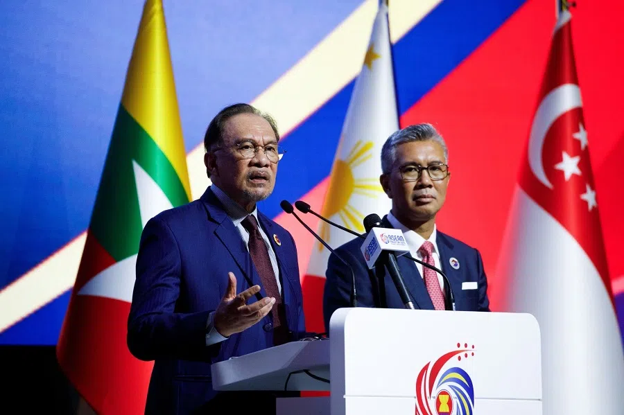 Malaysian Prime Minister Anwar Ibrahim (left) and Zafrul Tengku Abdul Aziz, Malaysia’s international trade and industry minister, during a news conference at the 46th Association of Southeast Asian Nations (Asean) summit in Kuala Lumpur, Malaysia, on 27 May 2025.