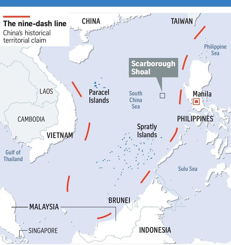 The nine-dash line shows China’s historical territorial claim in the South China Sea. (SPH Media)
