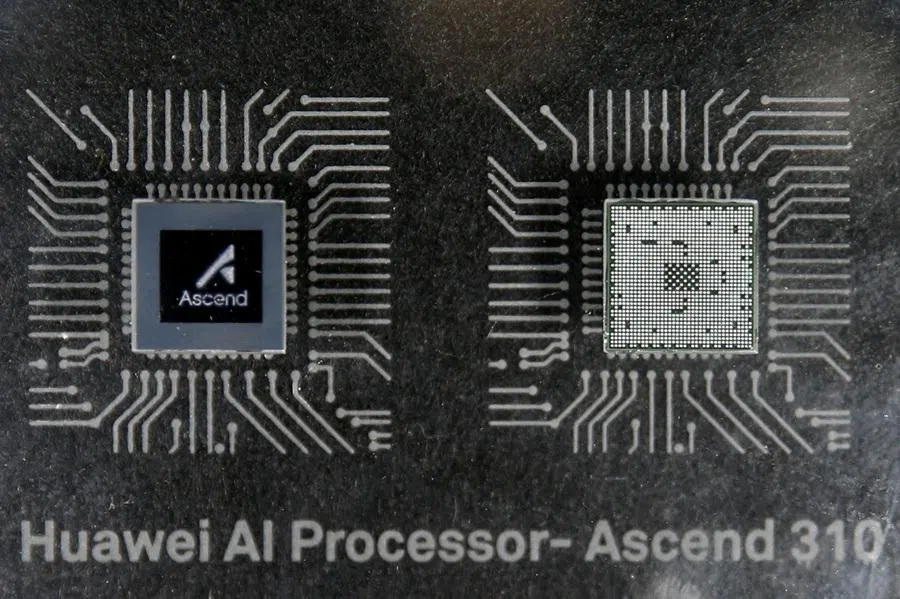 Huawei AI processor chipsets are pictured at an exhibition in Bangkok, Thailand, on 30 January 2019.