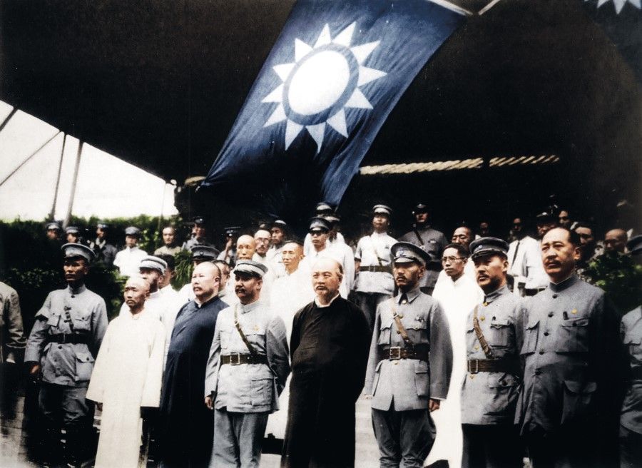On 6 July 1928, with the completion of the Northern Expedition, KMT leaders gathered to pay their respects to Sun Yat-sen at his resting place, the mausoleum at Biyun Temple in Mount Xi, Beijing. Third in the front row is Chiang Kai-shek.