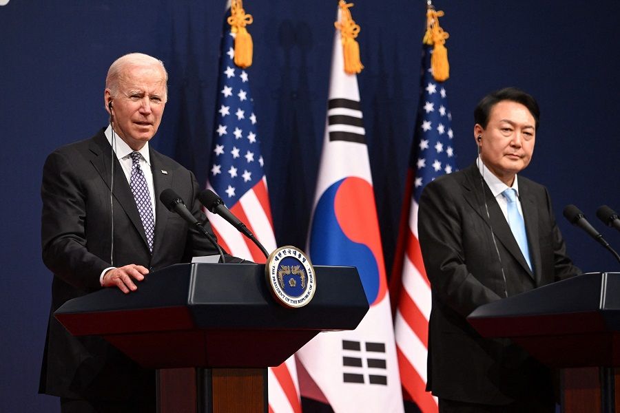 South Korean President Yoon Seok-youl (right) and US President Joe Biden hold a press conference following meetings at the People's House in Seoul, South Korea, on 21 May 2022. (Saul Loeb/AFP)