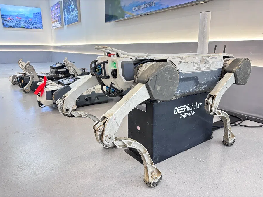 An X30 robot dog charges itself at the DEEP Robotics headquarters in Hangzhou. (Li Kang/SPH Media)