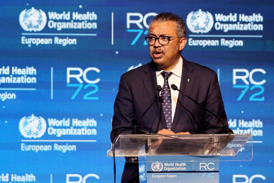 Director-General of the World Health Organization (WHO) Tedros Adhanom Ghebreyesus delivers a speech during the 72nd session of the WHO Regional Committee for Europe on 12 September 2022 in the Israeli coastal city of Tel Aviv. (Jack Guez/AFP)