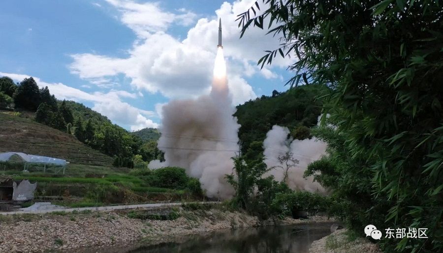 The Rocket Force under the Eastern Theater Command of China's People's Liberation Army (PLA) conducts conventional missile tests into the waters off the eastern coast of Taiwan, from an undisclosed location in this handout released on 4 August 2022. (Eastern Theater Command/Handout via Reuters)