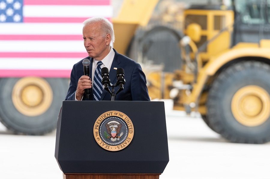 US President Joe Biden speaks during a "First Tool-In" ceremony at the Taiwan Semiconductor Manufacturing Co. facility under construction in Phoenix, Arizona, US, on 6 December 2022. (Caitlin O'Hara/Bloomberg)