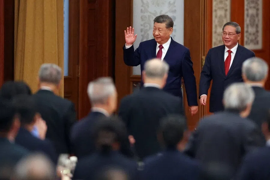 Chinese President Xi Jinping and Premier Li Qiang arrive for the National Day reception at the Great Hall of the People in Beijing, China, on 30 September 2026.
