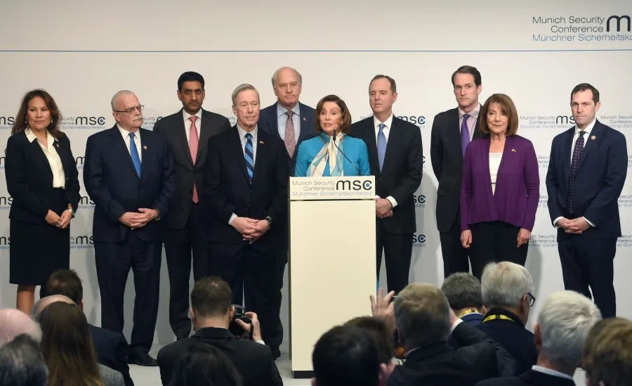 The US' House of Representatives Speaker Nancy Pelosi (C) gives a statement during the 56th Munich Security Conference (MSC) in Munich, February 16, 2020. (Christof Stache/AFP)