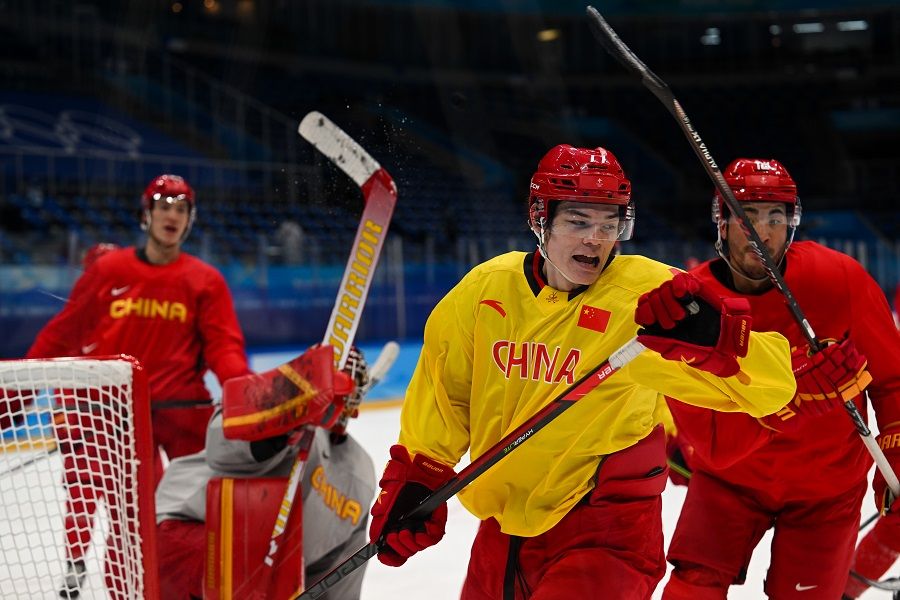 China's men's ice hockey team practising for the Winter Olympics, in Beijing, China, on 1 February 2022. (CNS)