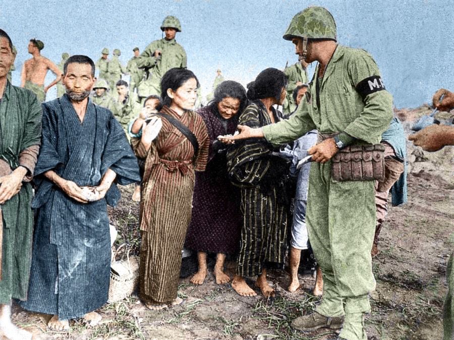 Okinawan civilians rescued by US troops receiving treatment and assistance, April 1945. An estimated 100,000 Okinawans lost their lives in this battle, with nearly every household losing at least one member, leaving a deep scar on Okinawa. After the war, civilians who recognised the facts mostly attributed the tragedy to the Japanese government. Considering that the Japanese government wanted to give up arms immediately following the battle of Okinawa, the people of Okinawa generally felt that the Japanese government put the lives of those on Japan's three main islands far above the lives of Okinawans, which was clear discrimination.