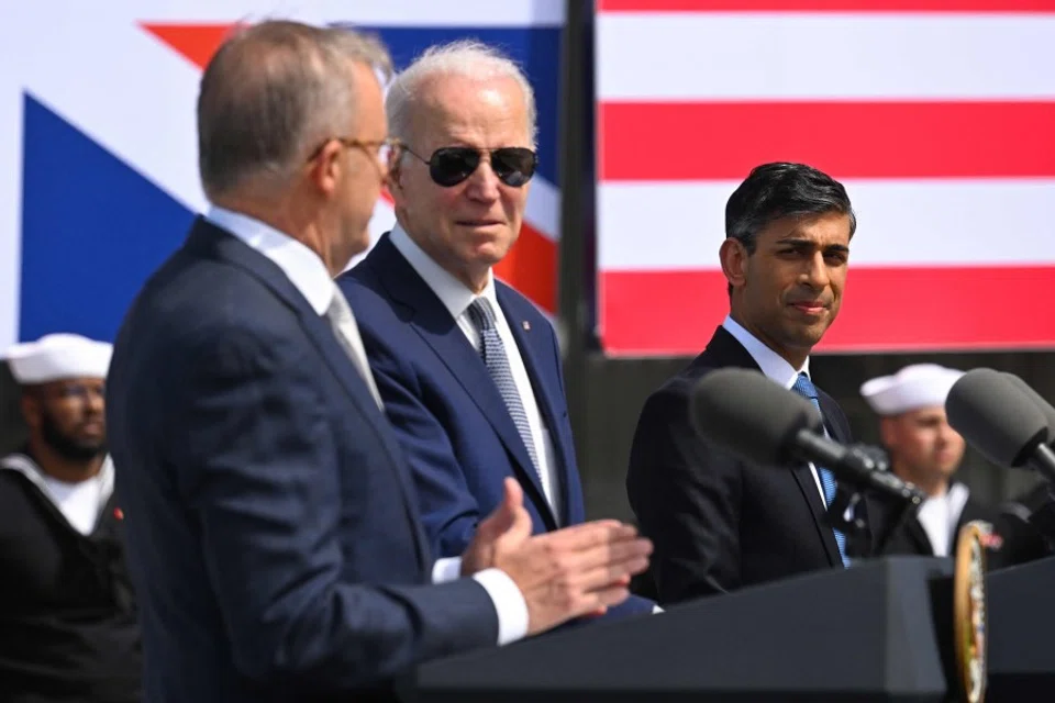 US President Joe Biden (centre), British Prime Minister Rishi Sunak (right) and Australian Prime Minister Anthony Albanese (left) hold a press conference during the AUKUS summit on 13 March 2023, at Naval Base Point Loma in San Diego California. (Jim Watson/AFP)