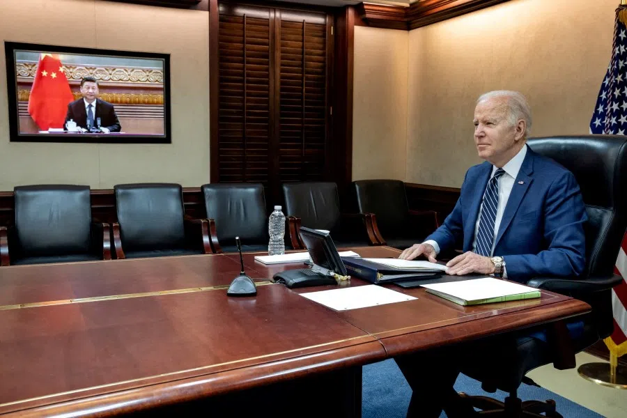 US President Joe Biden holds virtual talks with Chinese President Xi Jinping from the Situation Room at the White House in Washington, US, 18 March 2022. (The White House/Handout via Reuters)
