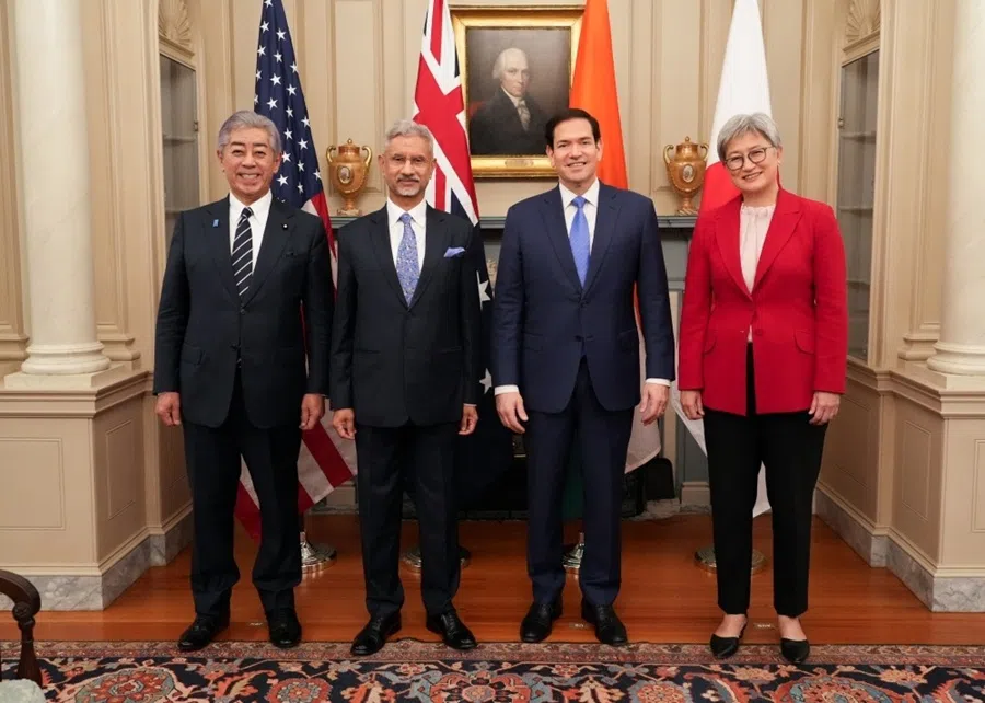 (left to right) Japanese Foreign Minister Takeshi Iwaya, Indian External Affairs Minister Subrahmanyam Jaishankar, US Secretary of State Marco Rubio and Australia’s Foreign Minister Penny Wong at their meeting of the Indo-Pacific Quad at the State Department in Washington, DC, US, on 1 July 2025. (Official website of Ministry of Foreign Affairs of Japan)