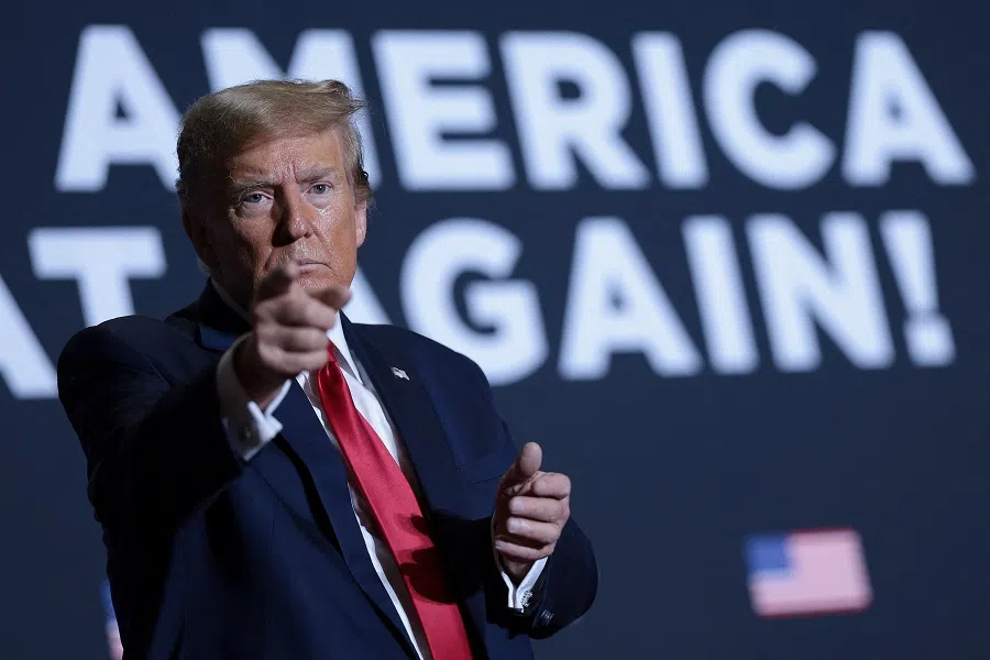 Republican presidential candidate, former US President Donald Trump gestures to supporters after speaking at a Get Out The Vote rally on 14 February 2024 in North Charleston, South Carolina, US. (Win McNamee/Getty Images/AFP)