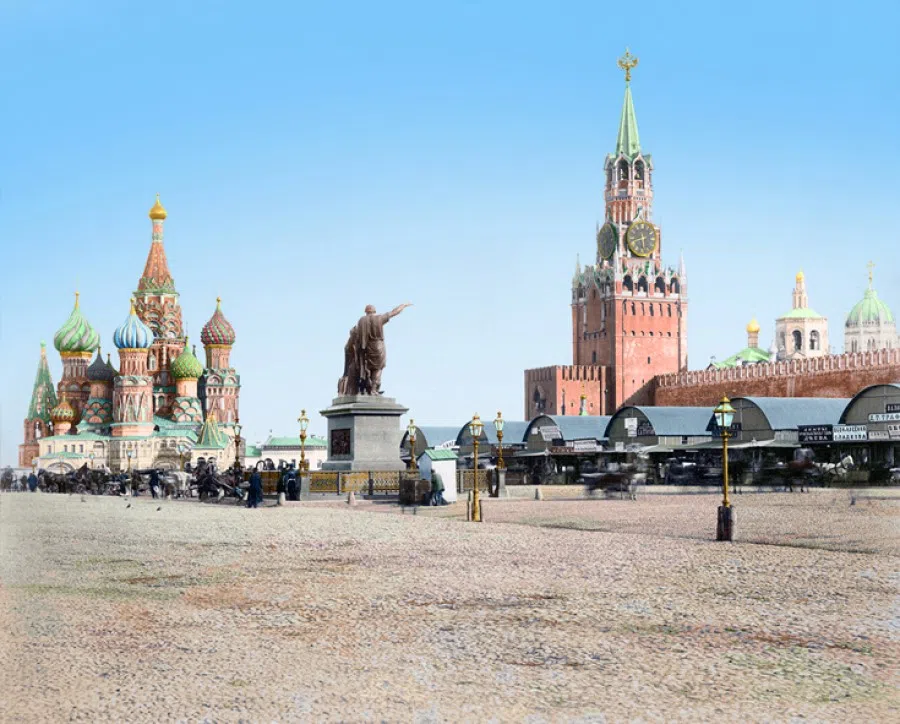 Moscow, Russia, 1890s. On the broad Red Square, one sees many famous structures. From left to right, there is St Basil's Cathedral, the Monument to Minin and Pozharsky, and the Kremlin. Russia used to be part of the Mongol Empire, and after it crumbled, Russia practically inherited the empire's vast lands in Eurasia.
